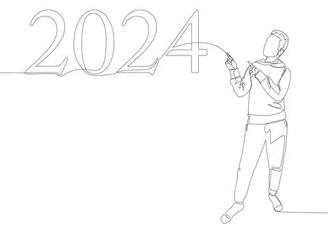 One continuous line of Man pointing with finger at number 2024. Thin Line I.. Stock Illustration