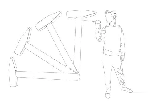 One continuous line of Man pointing with finger at Hammer. Thin Line Illust.. 库存插图