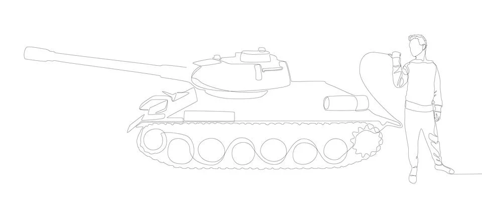 One continuous line of Man pointing with finger at Armored Tank. Thin Line .. Stock Illustration