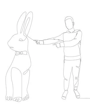 One continuous line of Man pointing with finger at Rabbit. Thin Line Illust.. Stock Illustration
