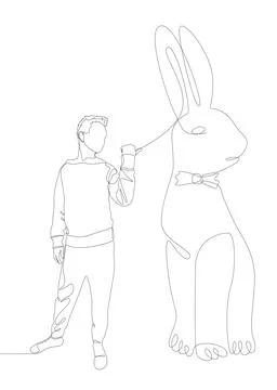 One continuous line of Man pointing with finger at Rabbit. Thin Line Illust.. Illustration