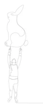 One continuous line of Man pointing with finger at Rabbit. Thin Line Illust.. Stock Illustration