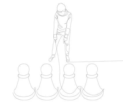 One continuous line of Man pointing with finger at pawn, chess piece. Thin .. Stock Illustration