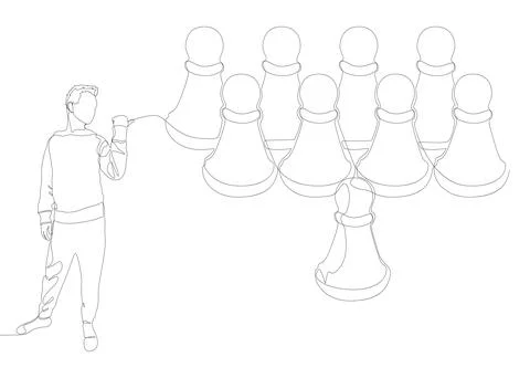 One continuous line of Man pointing with finger at pawn, chess piece. Thin .. Stock Illustration