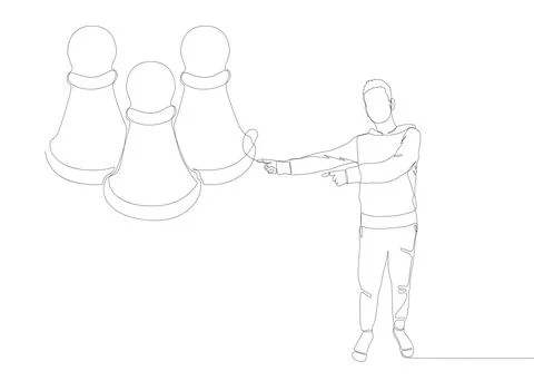 One continuous line of Man pointing with finger at pawn, chess piece. Thin .. Stock Illustration