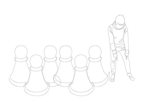 One continuous line of Man pointing with finger at pawn, chess piece. Thin .. Stock Illustration