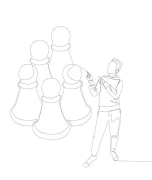 One continuous line of Man pointing with finger at pawn, chess piece. Thin .. Stock Illustration