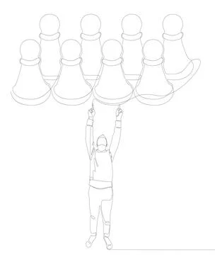 One continuous line of Man pointing with finger at pawn, chess piece. Thin .. Stock Illustration