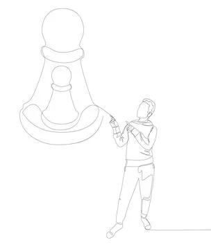 One continuous line of Man pointing with finger at pawn, chess piece. Thin .. Stock Illustration