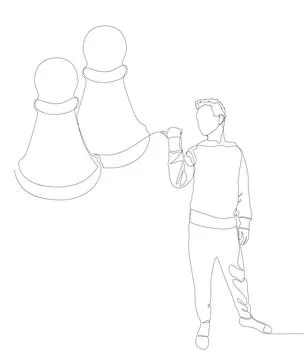 One continuous line of Man pointing with finger at pawn, chess piece. Thin .. Stock Illustration