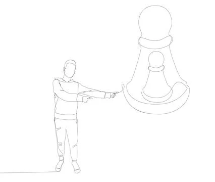 One continuous line of Man pointing with finger at pawn, chess piece. Thin .. Stock Illustration
