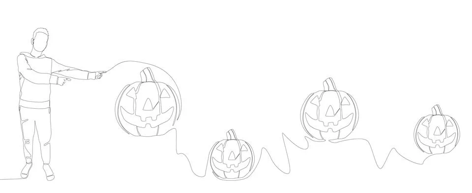 One continuous line of Man pointing with finger at Halloween Pumpkin, Jack .. Stock Illustration