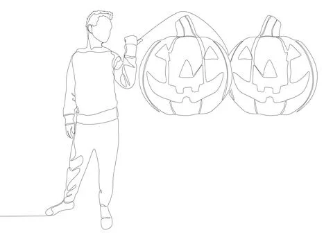 One continuous line of Man pointing with finger at Halloween Pumpkin, Jack .. Stock Illustration