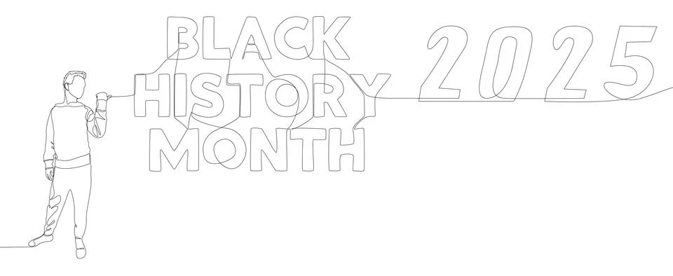 One continuous line of Man pointing with finger at Black History Month 2025.. Stock Illustration