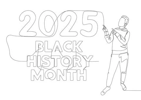 One continuous line of Man pointing with finger at Black History Month 2025.. Stock Illustration