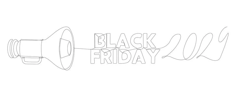 One continuous line of Megaphone with Black Friday 2024 text. Thin Line Ill.. Stock Illustration