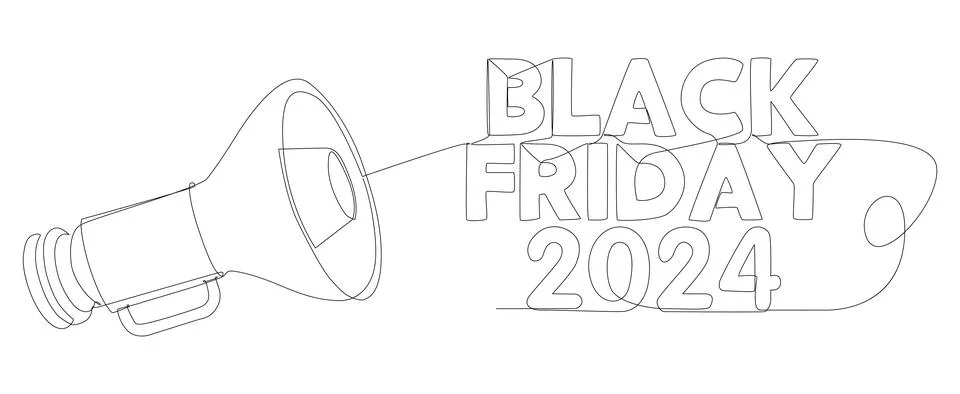 One continuous line of Megaphone with Black Friday 2024 text. Thin Line Ill.. Stock Illustration