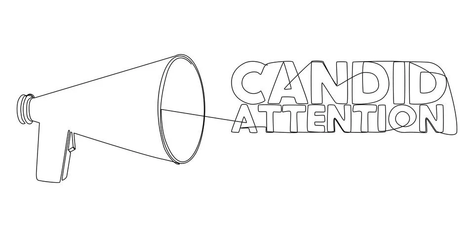 One continuous line of Megaphone with Candid Attention text. Thin Line Illu.. Stock Illustration
