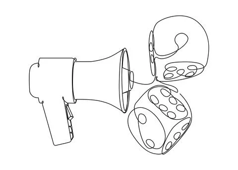 One continuous line of Megaphone with dice. Thin Line Illustration vector c.. Stock Illustration