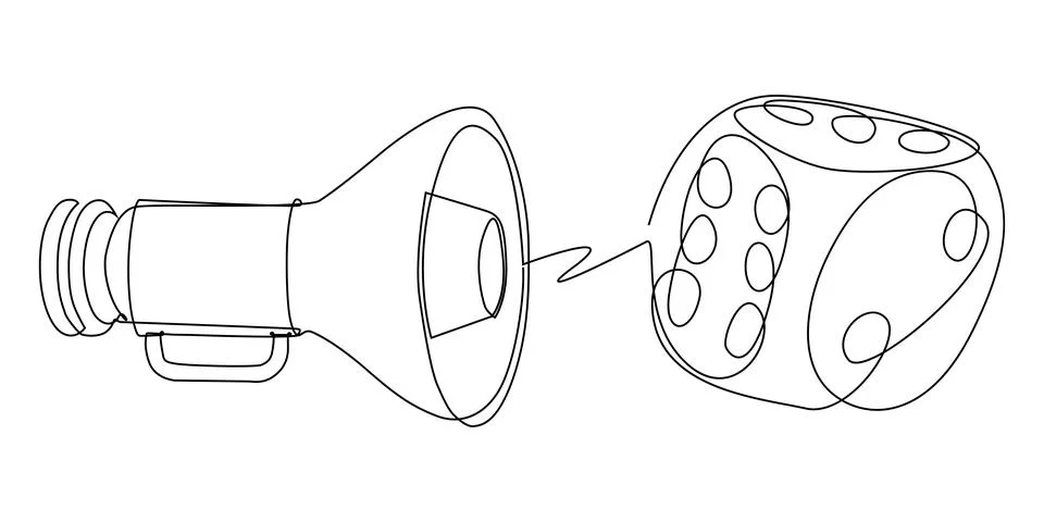 One continuous line of Megaphone with dice. Thin Line Illustration vector c.. Stock Illustration