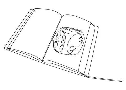 One continuous line of Opened Book with Dice. Thin Line Illustration vector.. Stock Illustration