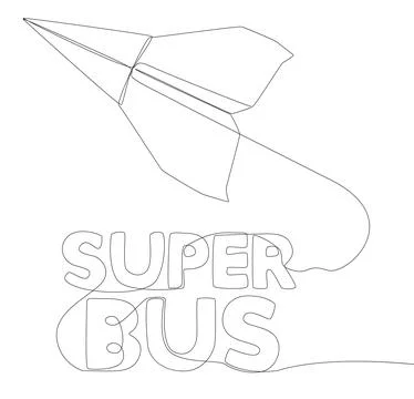 One continuous line of Paper Airplane with Super Bus text. Thin Line Illust.. Stock Illustration