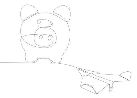 One continuous line of Paper Airplane with Piggy Bank. Thin Line Illustrati.. Illustrazione stock