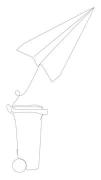 One continuous line of Paper Airplane with Garbage Bin. Thin Line Illustrat.. Stock Illustration
