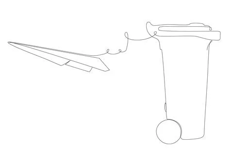 One continuous line of Paper Airplane with Garbage Bin. Thin Line Illustrat.. Stock Illustration