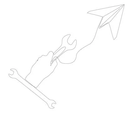 One continuous line of Paper Airplane with Wrench. Thin Line Illustration v.. Stock Illustration