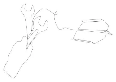 One continuous line of Paper Airplane with Wrench. Thin Line Illustration v.. Stock Illustration