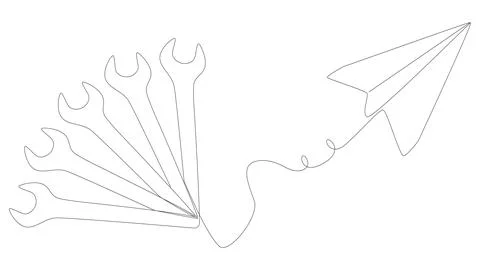 One continuous line of Paper Airplane with Wrench. Thin Line Illustration v.. Stock Illustration
