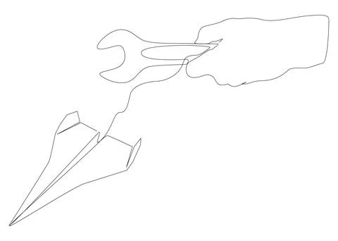 One continuous line of Paper Airplane with Wrench. Thin Line Illustration v.. Stock Illustration
