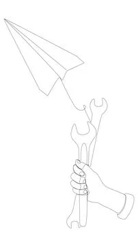 One continuous line of Paper Airplane with Wrench. Thin Line Illustration v.. Stock Illustration