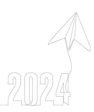 One continuous line of Paper Airplane with number 2024. Thin Line Illustrat.. Иллюстрация