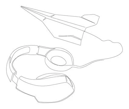 One continuous line of Paper Airplane with Headphones. Thin Line Illustrati.. Stock Illustration