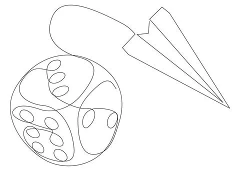 One continuous line of paper plane with dice. Thin Line Illustration vector.. Stock Illustration