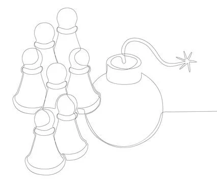 One continuous line of Pawn, Chess Piece with Bomb. Thin Line Illustration .. Stock Illustration
