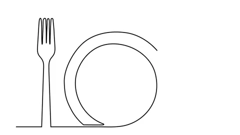 One continuous line plate, khife and fork. Vector illustration Stock Footage 143461828