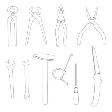 One continuous line set of Work Tools. Wrench, Pliers, Tongs, Ruler tape, H.. Illustrazione stock