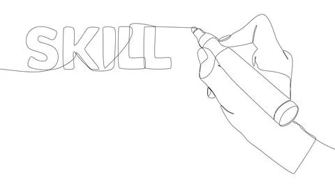 One continuous line of Skill word written by with felt tip pen. Thin Line I.. Illustrazione stock
