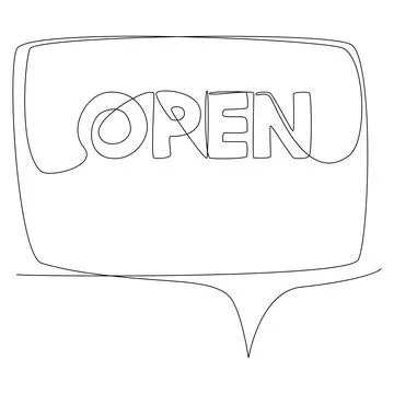 One continuous line of speech bubble with Open text. Thin Line Illustration v Stock Illustration