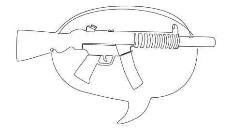 One continuous line of speech bubble with Machine Gun. Thin Line Illustrati.. Stock Illustration
