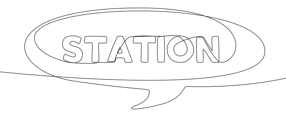 One continuous line of speech bubble with Station text. Thin Line Illustrat.. Stock Illustration