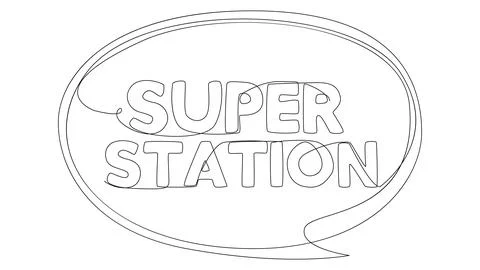 One continuous line of speech bubble with Super Station text. Thin Line Ill.. Stock Illustration