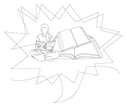 One continuous line of speech bubble with girl reading a book. Thin Line Il.. Stock Illustration