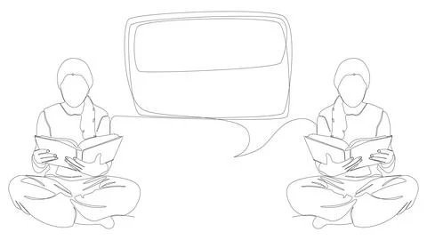 One continuous line of speech bubble with girl reading a book. Thin Line Il.. Stock Illustration