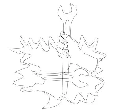 One continuous line of speech bubble with Wrench. Thin Line Illustration ve.. Stock Illustration
