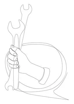 One continuous line of speech bubble with Wrench. Thin Line Illustration ve.. Stock Illustration