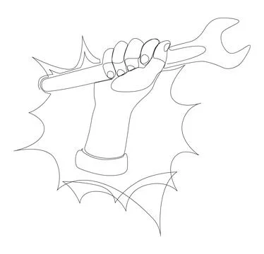 One continuous line of speech bubble with Wrench. Thin Line Illustration ve.. Stock Illustration